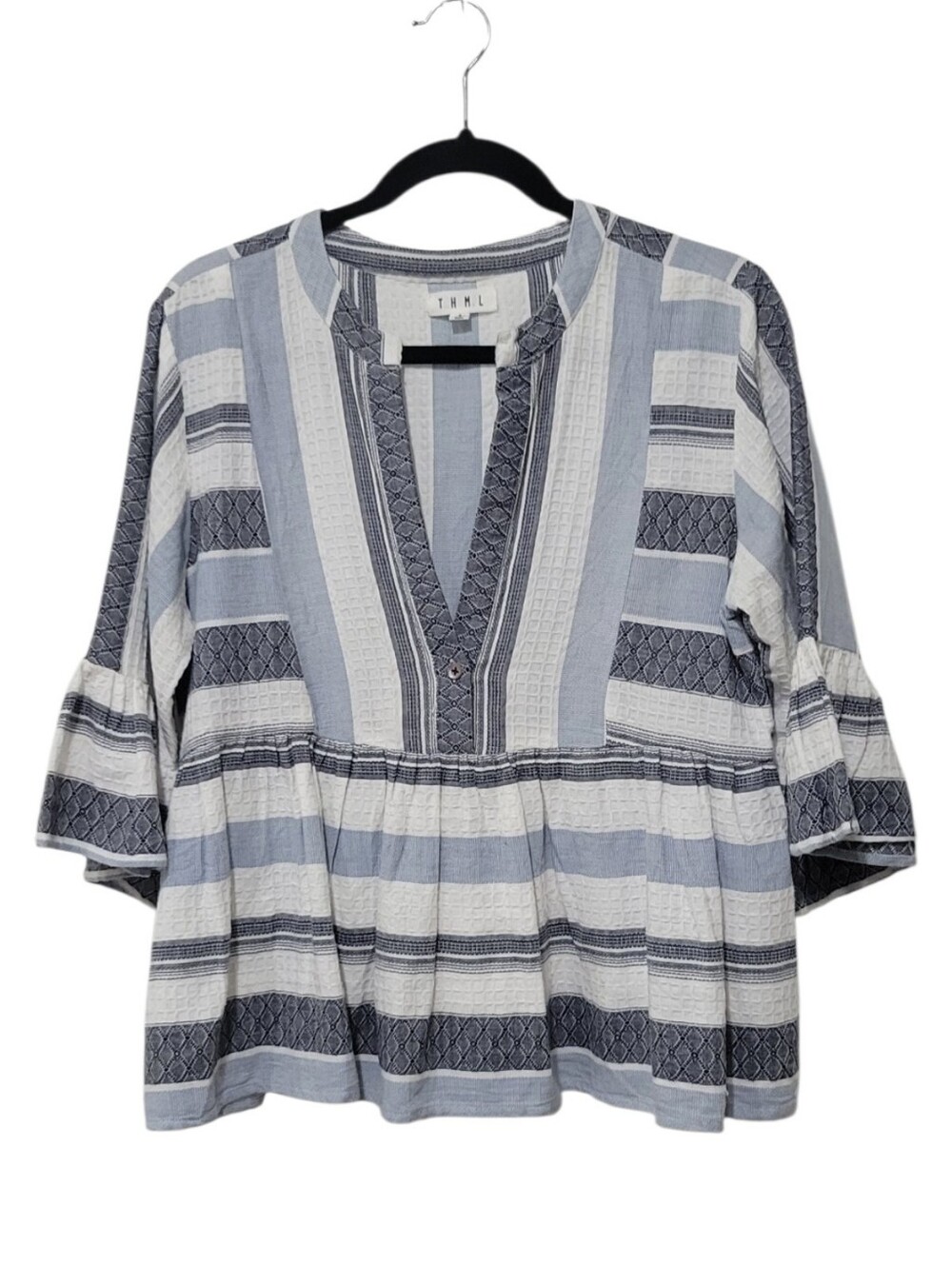 THML Blue White Textured Stripe Peplum Top Boho Bell Sleeve Blouse Size Small